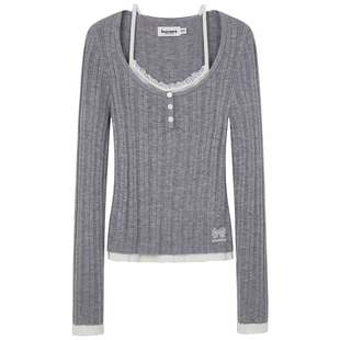 TEENIEWEENIE bearnova26春季新款女装假两件蕾丝拼接罗纹针织衫