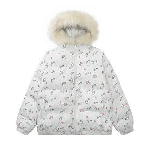 GTGA2025冬满印可爱兔子毛领连帽棉服厚外套女短面包服棉衣小个子