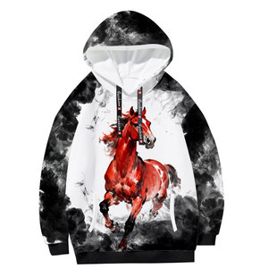 2026新款马年过年新年水墨马驰骋马到成功连帽卫衣套头男女外套