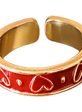 古婷红色爱心开口戒指高级感