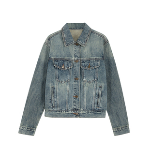pusumede曼城旧事 复古做旧水洗牛仔外套女宽松显瘦翻领夹克上衣