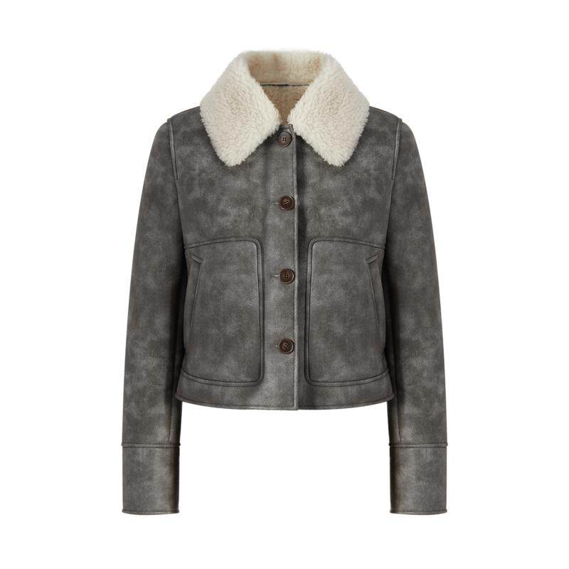 商场同款 摩萨克冬新款绒毛绵羊毛单排扣翻领拼接夹克外套女