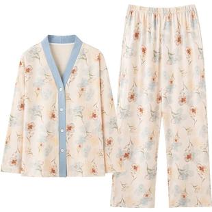 三枪春夏新款纯棉睡衣女士田园森女风花卉长袖开襟超柔软家居服