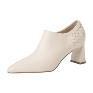 星期六真皮粗跟深口单鞋女2026新款真皮编织尖头软底不累脚高跟鞋