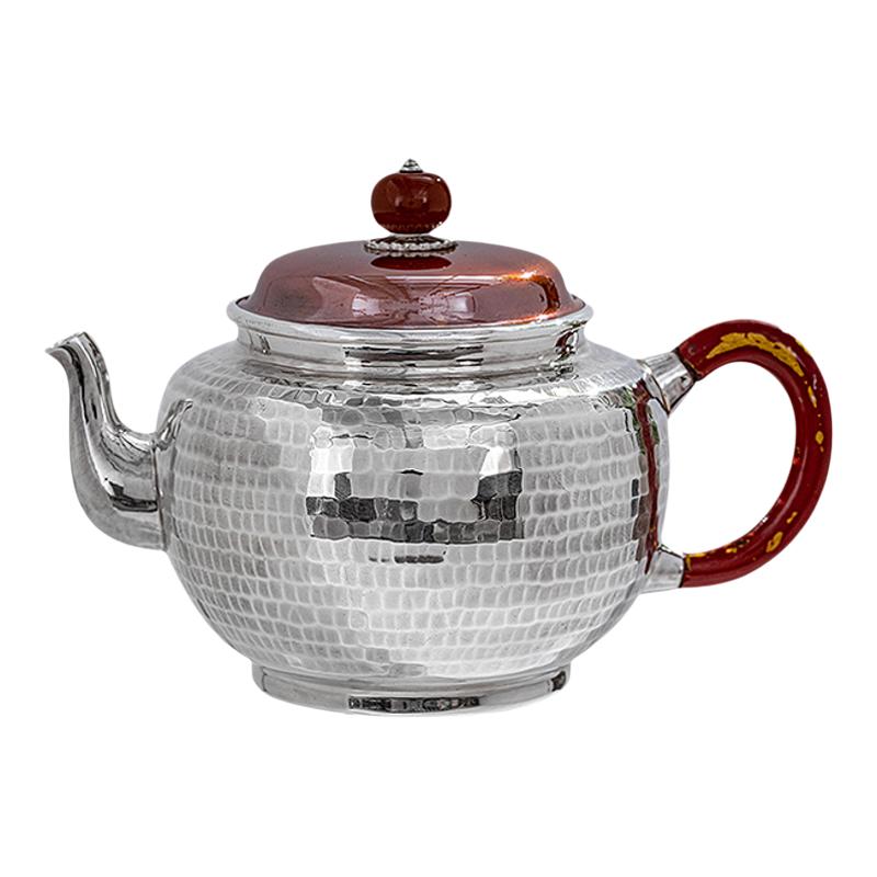蜂鸟工坊 纯手工小银壶纯银999 泡茶壶 铜盖南红钮花瓶形弯嘴银壶