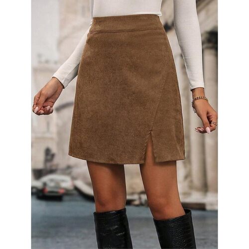 E 74404 Suede High Waist Zipper A-Line Skirt 麂皮绒半身裙