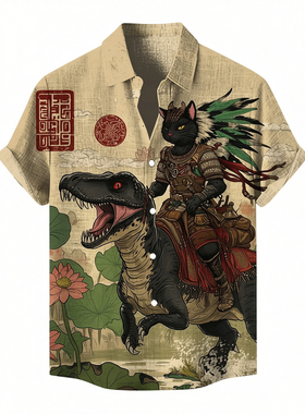 男翻领休闲卡通印花短袖衬衫Men's casual cartoon printed shirt