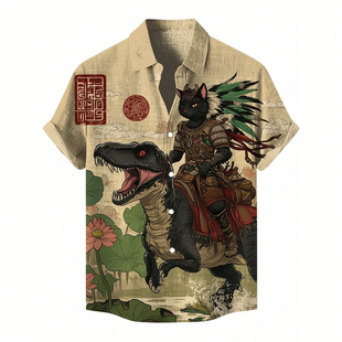 男翻领休闲卡通印花短袖衬衫Men's casual cartoon printed shirt