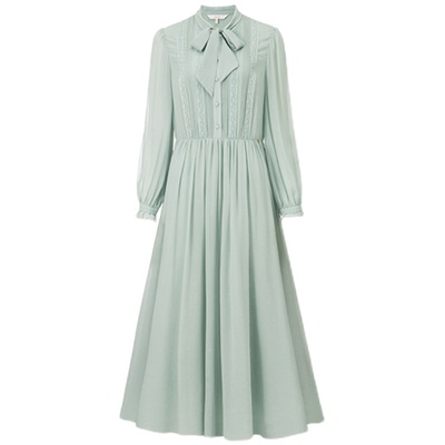 HUI卉100%桑蚕丝压褶蕾丝连衣裙