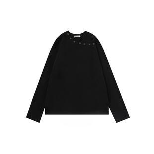 sameuoo散养文化「银月」交叉领黑色长袖t恤女春季打底衫内搭上衣