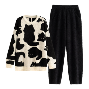 悦内半边绒睡衣女款秋冬季冬款珊瑚绒保暖加绒家居服圆领套头套装