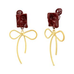 红色褶皱方形几何蝴蝶结吊坠长款法式复古耳钉女蚊香盘无耳洞耳夹