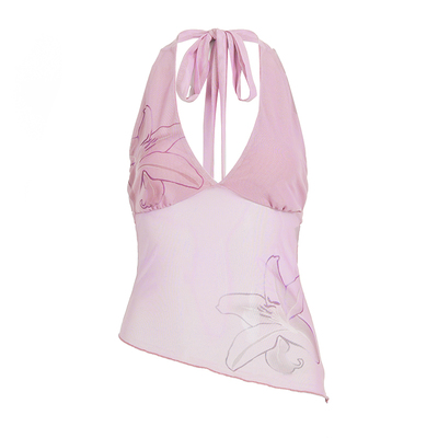 WEEKEEP 度假风V领花卉印花不规则下摆吊带修身挂脖绑带露背背心