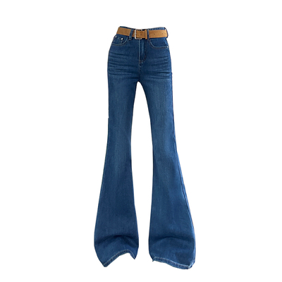 蓝色高腰微喇加绒牛仔裤