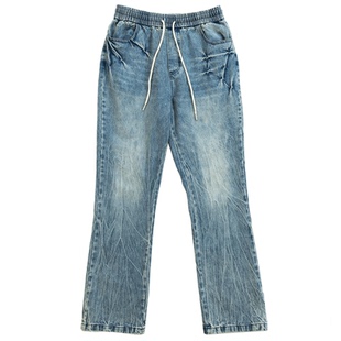 烦恼的Octopusl秋季美式水洗闪电微喇牛仔裤做旧直筒宽松长裤子男