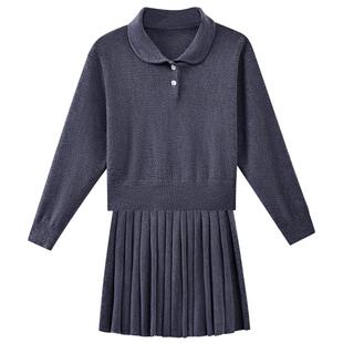 哈齿童装儿童娃娃领针织衫学院风百褶裙女童灰色两件套装春秋新款
