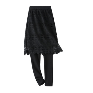 带裙打底裤蕾丝裙裤一体假两件大码胖秋薄款黑色弹力高腰女连裤裙