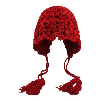 蒙田手工流苏红色针织秋针织帽子