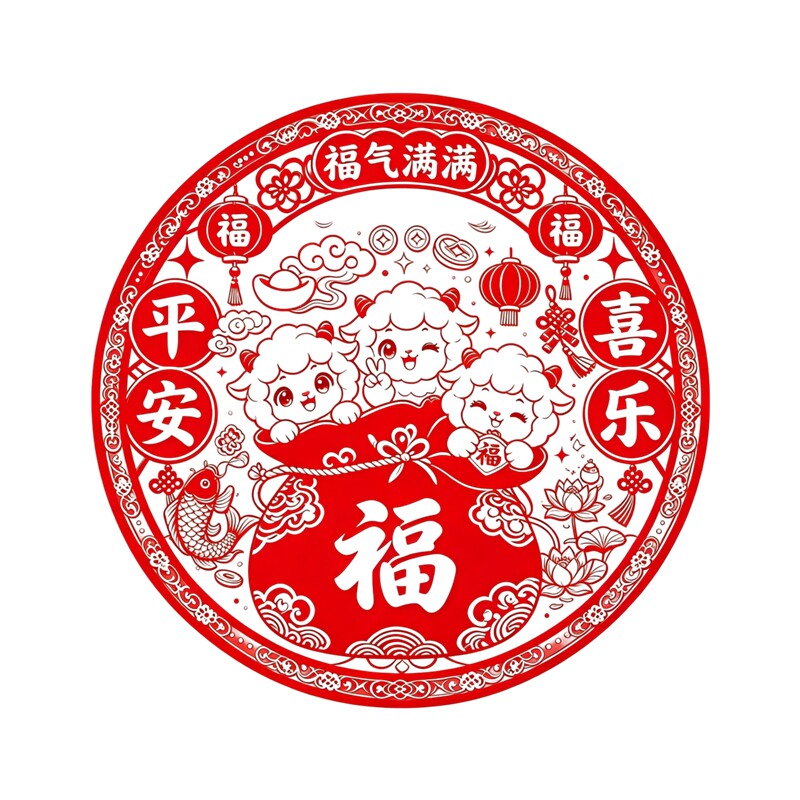 圆形三羊福袋窗花贴纸剪纸风平安喜乐锦鲤荷花羊年福气满满贴纸画