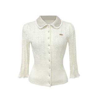 Lazy Didi路易学院 细支羊毛浣熊中袖开衫百搭娃娃领麻花针织小衫