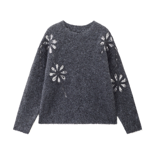 设计师款佐丹奴针织衫女装羊毛混纱亮片绣花宽松圆领毛衣18355519