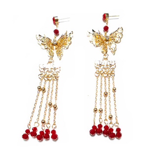 中式古装新娘秀禾耳饰红色旗袍流苏耳坠原创古风耳夹龙凤褂长耳环