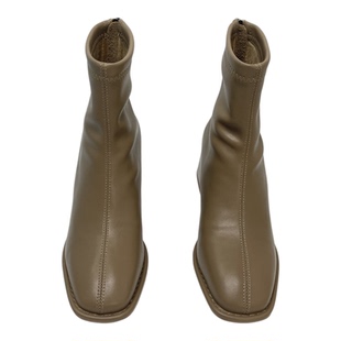 奶茶色5厘米粗跟中高跟鞋秋冬新款瘦瘦短靴女法式方头加绒皮靴