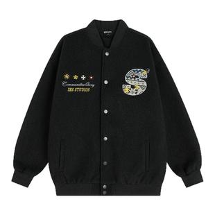 INSstudios 国潮美式复古「编织贴布绣棒球服」宽松夹克夹棉外套