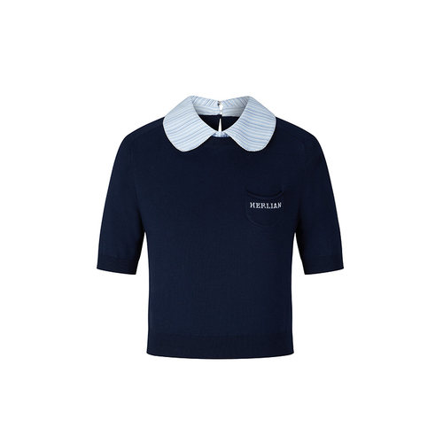 HERLIAN 夏季新品女士娃娃领针织短袖T恤上衣假两件polo衫
