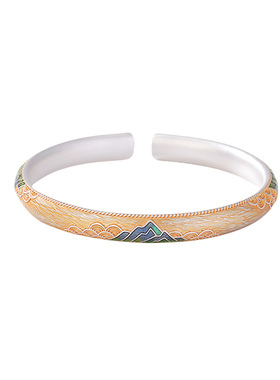 山予棠S999.9足银千里江山描金中式简约大气设计感气质时尚银手镯