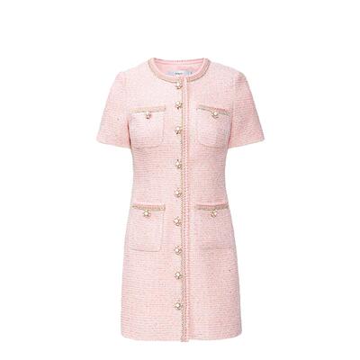 复古气质粉色小香连衣裙