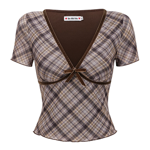 Go Girl Go 自制复古欧美风深V领格纹短袖T恤女修身显瘦短款上衣