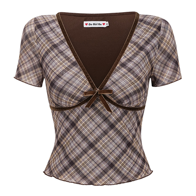 Go Girl Go 自制复古欧美风深V领格纹短袖T恤女修身显瘦短款上衣