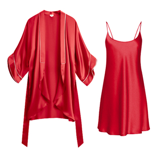 丝侬真丝睡衣新娘晨袍结婚中式丝绸桑蚕丝睡袍红色宽袖家居服睡裙