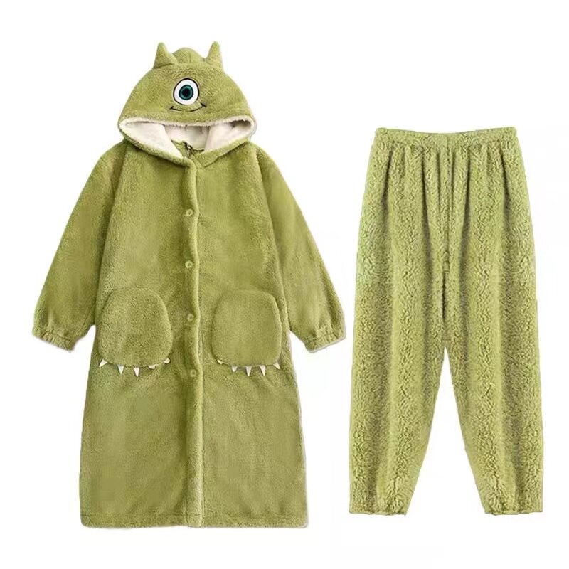 大眼仔睡衣女秋冬季珊瑚绒加厚保暖可爱卡通连帽家居服套装可外穿