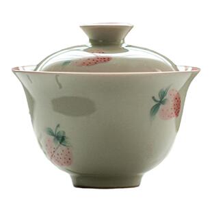明知山志正品釉下彩纯手绘草莓粉色单盖碗茶杯大主人杯白瓷泡茶碗