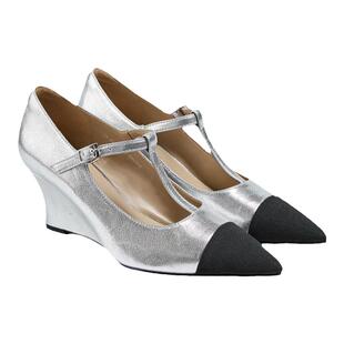 fed银色玛丽珍鞋女秋季新款女鞋尖头坡跟真皮单鞋女款D0530-ZF393