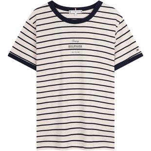 Tommy春夏女装纯棉休闲优雅通勤字母撞色圆领合身内搭短袖上衣T恤