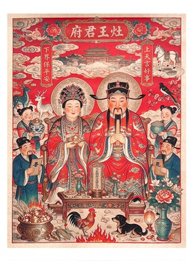 厨房灶神供奉台神像画2026年新款灶王爷灶王奶奶贴画厨房年画贴纸