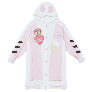 春装学院撞色假两件串绳宽松中长款熊耳朵连帽卫衣开衫棒球服外套