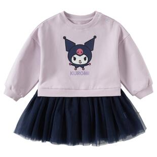 库洛米联名戴维贝拉女童连衣裙2026新款春秋卫衣儿童拼接网纱裙子