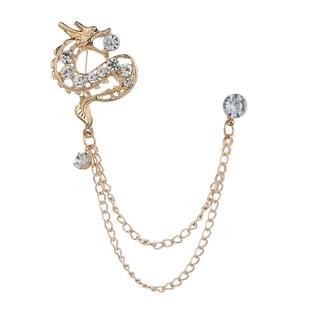 中国风时尚男士西服胸针镶钻中国龙链条流苏领针西装礼服配饰