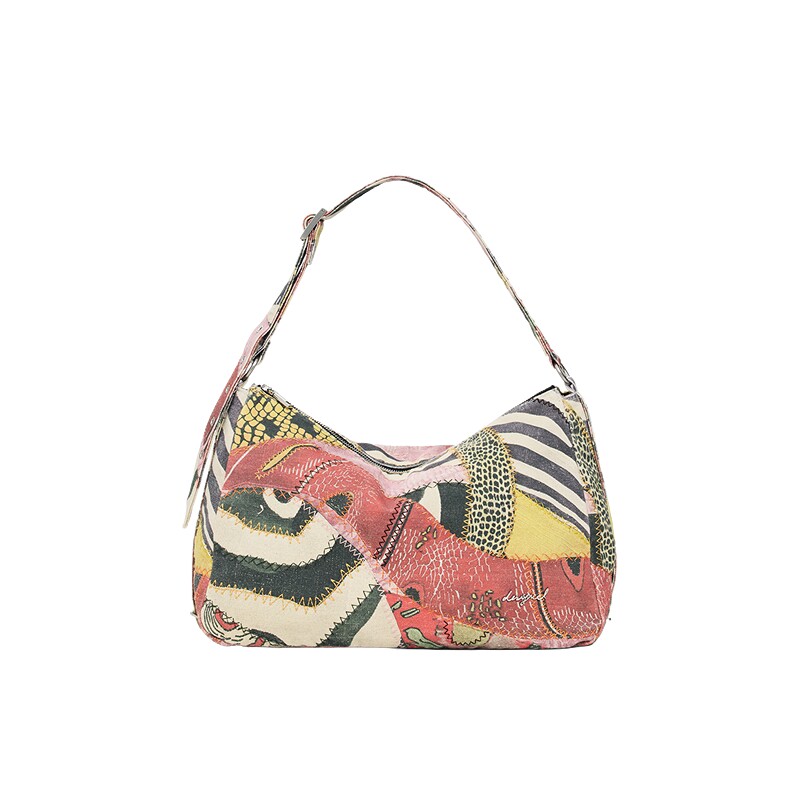 Desigual26秋冬新品彩色斑马纹印花刺绣装饰手提单肩包