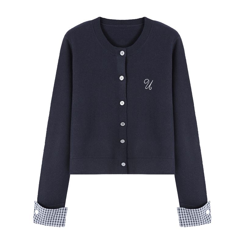 Basic House/百家好2025秋冬翻边针织衫韩版圆领格子拼接短款开衫