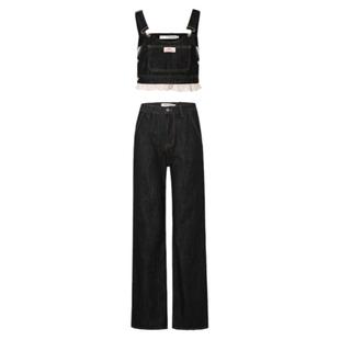 Kroche  慵懒休闲 蕾丝拼接 牛仔分体背带裤两件套