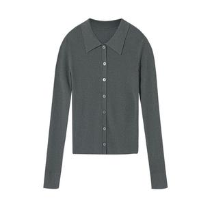 轻氧衫/MSLAN26春法式翻领针织衫 修身坑条薄款内搭长袖开衫