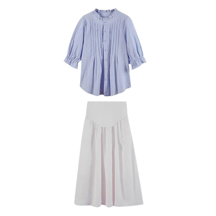 孕妇连衣裙套装春夏2026新款孕妈高级感蓝色遮肚衬衫半身裙两件套