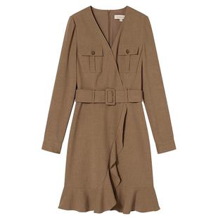 Goodland美地女装春秋季v领收腰荷叶边a字法式连衣裙短款