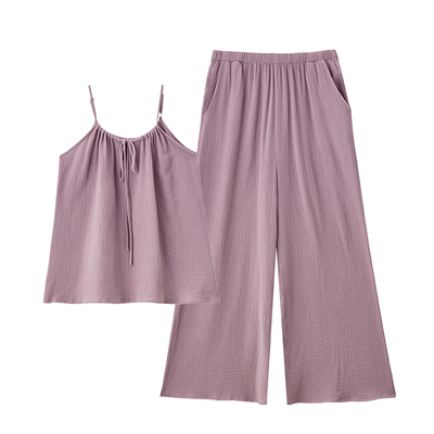 吊带长裤紫色睡衣女夏季纯棉纱布