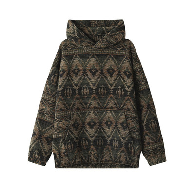 民族风提花加绒卫衣男加肥加大码潮胖子宽松连帽厚款秋冬重磅外套